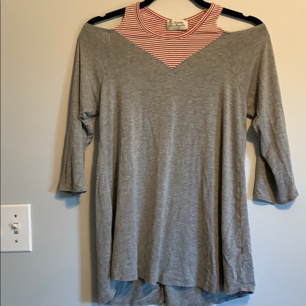 Cold Shoulder Gray with Red and White Stripes